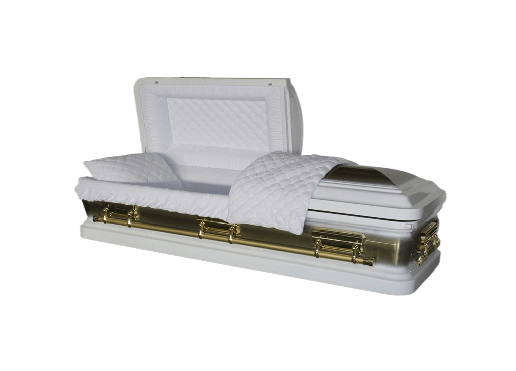 Orion Series White and Gold Brush casket — white 18-gauge steel with white velvet interior (view 2)
