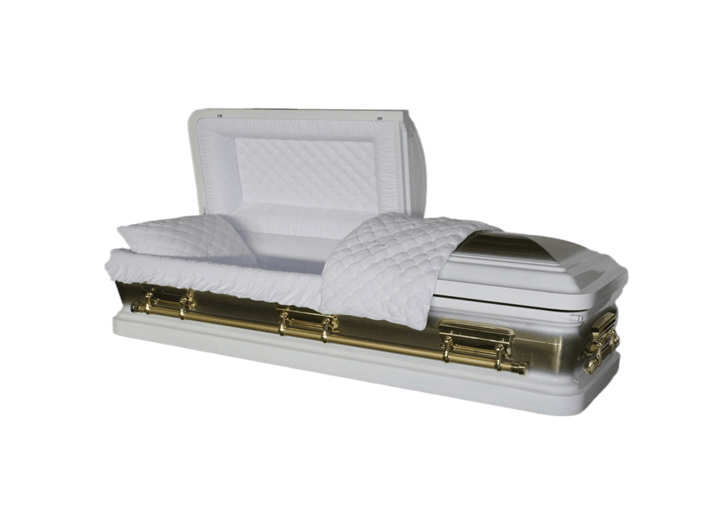 Orion Series White and Gold Brush casket — white 18-gauge steel with white velvet interior