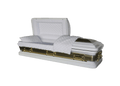 Orion Series White and Gold Brush casket — white 18-gauge steel with white velvet interior