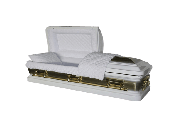Orion Series White and Gold Brush casket — white 18-gauge steel with white velvet interior