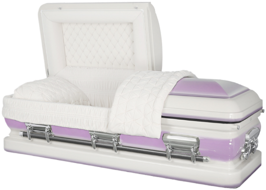 Orion Series White and Lavender casket — purple 18-gauge steel with white velvet interior