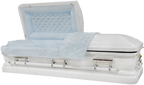 Orion Series White/Blue casket — white 18-gauge steel with light blue velvet interior (view 2)