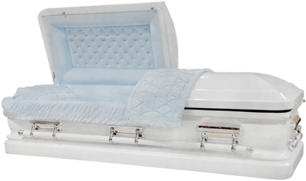 Orion Series White/Blue casket — white 18-gauge steel with light blue velvet interior (view 2)