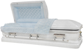 Orion Series White/Blue casket — white 18-gauge steel with light blue velvet interior