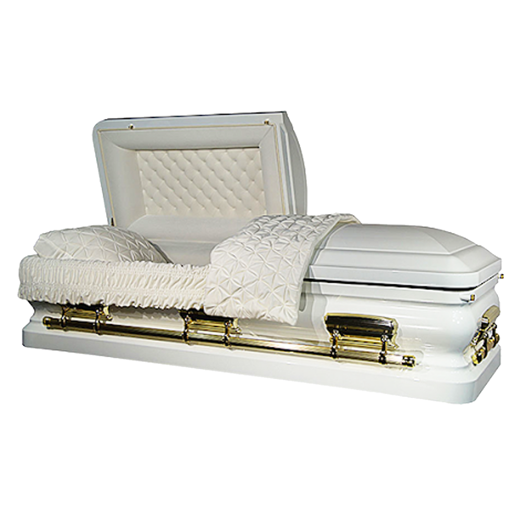 Orion Series White/Gold casket — white 18-gauge steel with white velvet interior (view 2)