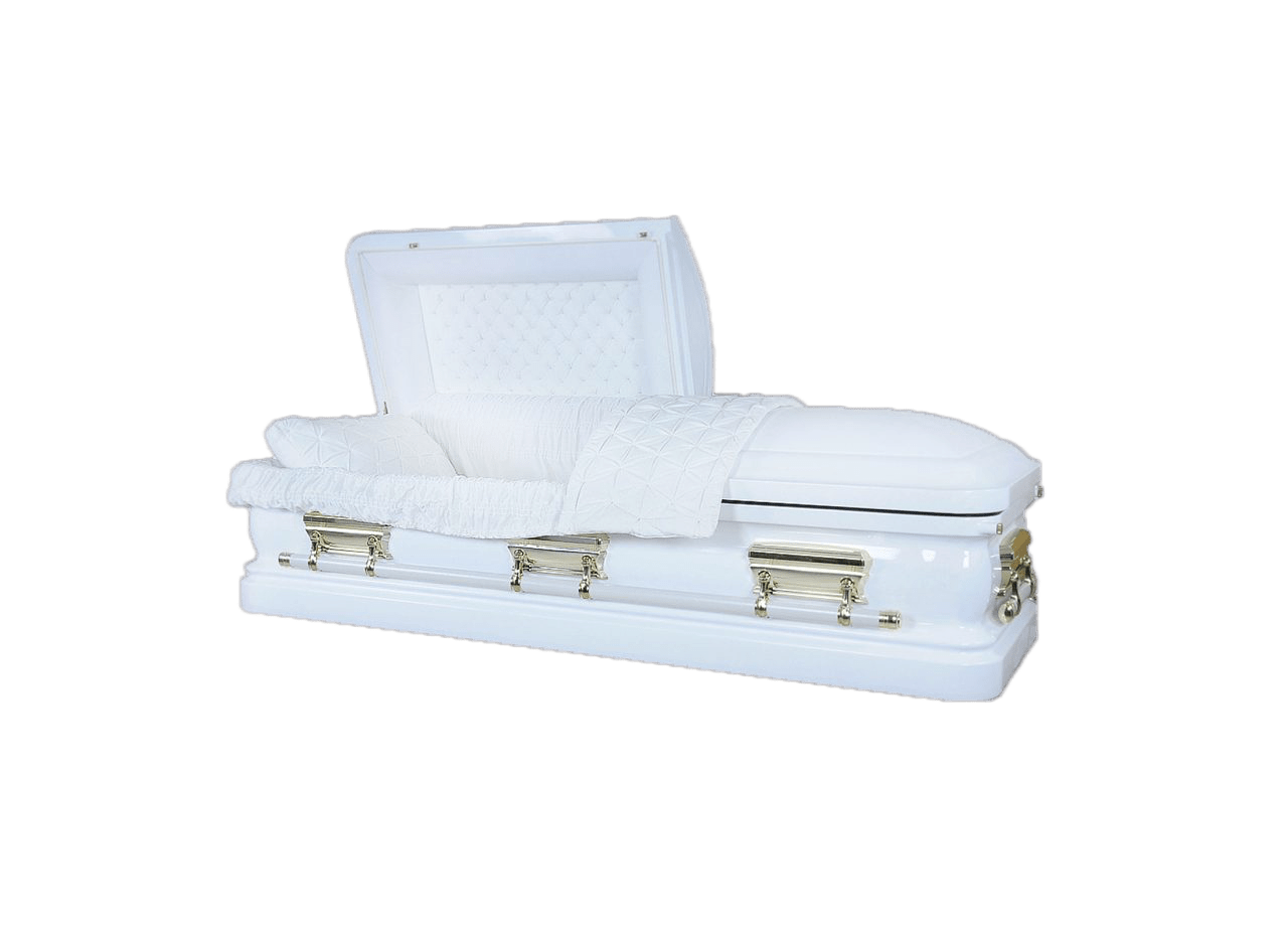 Orion Series White/Gold casket — white 18-gauge steel with white velvet interior