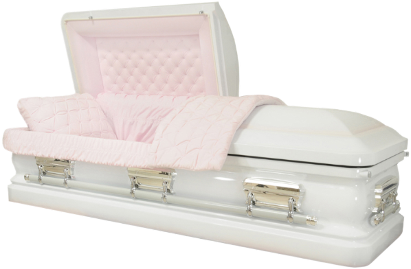 Orion Series White/Pink casket — white 18-gauge steel with light pink velvet interior