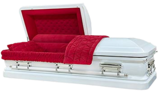Orion Series White/Red casket — white 18-gauge steel with red velvet interior