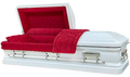 Orion Series White/Red casket — white 18-gauge steel with red velvet interior