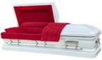 Orion Series White/Red casket — white 18-gauge steel with red velvet interior