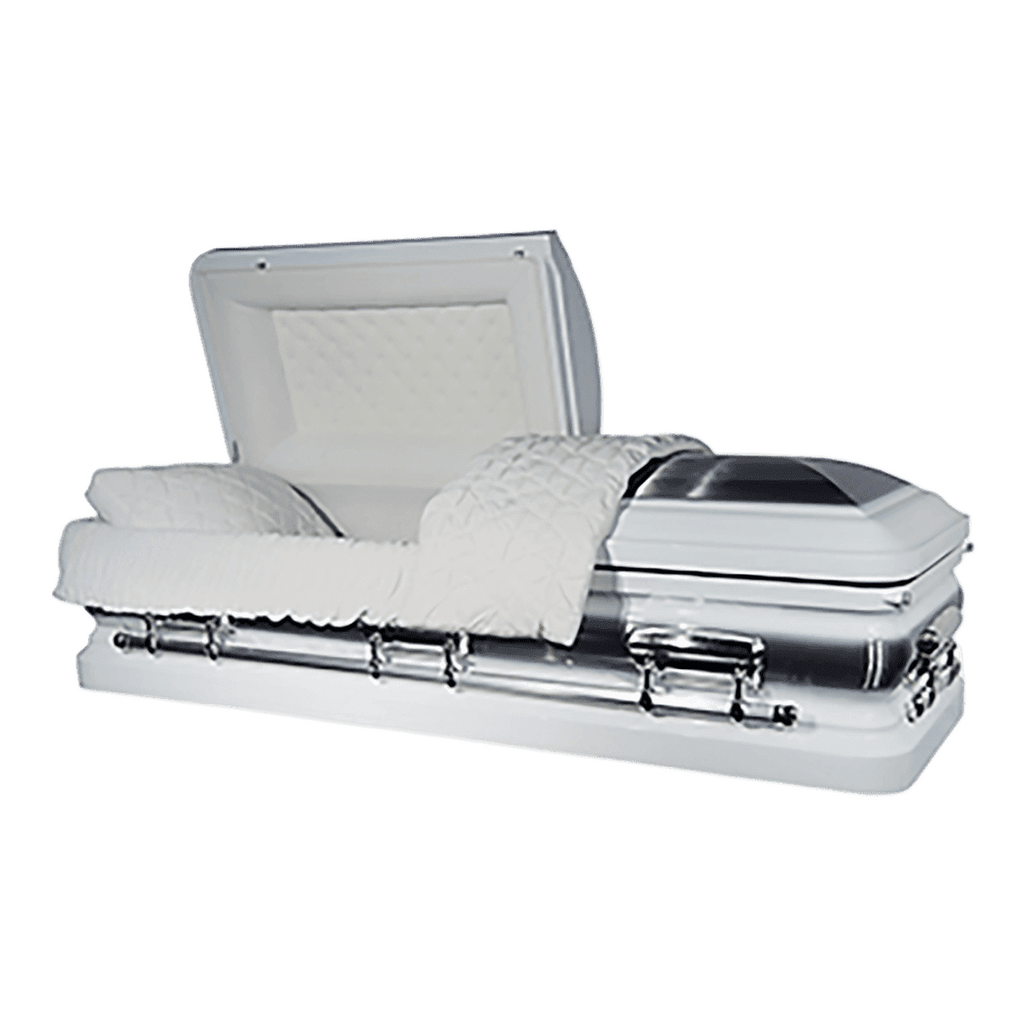 Orion Series White/Silver casket — white 18-gauge steel with white velvet interior (view 2)