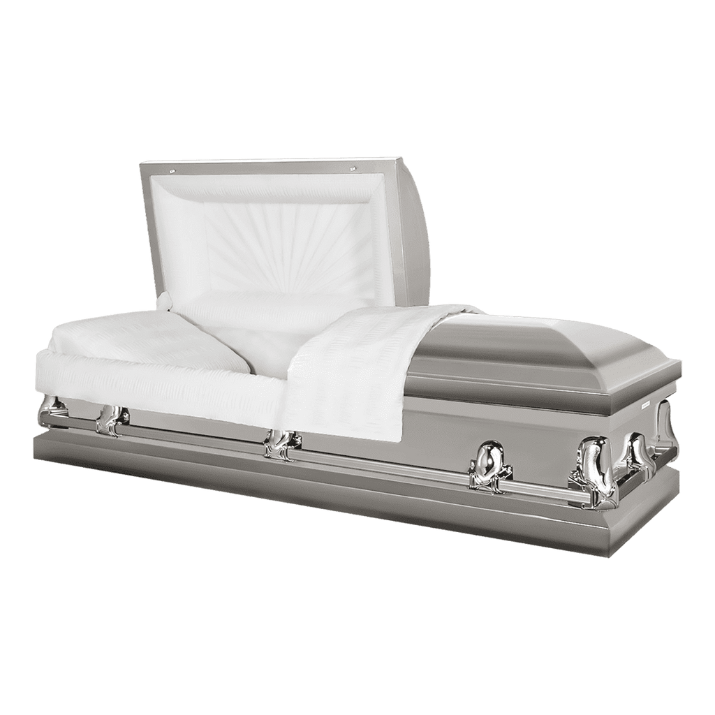 The Forever Series Silver casket — silver 20-gauge steel with crepe interior