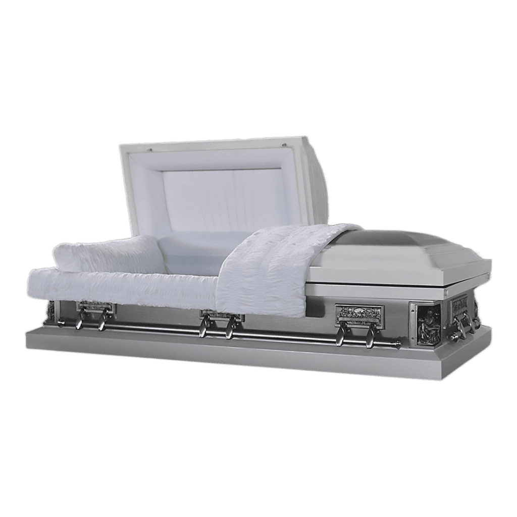 Pieta/Last Supper casket — white 18-gauge steel with white velvet interior (view 2)