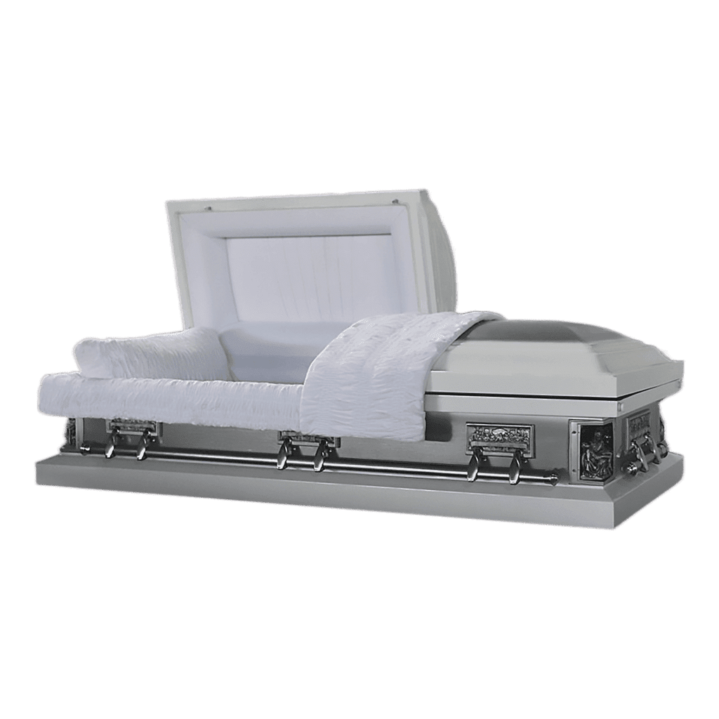 Pieta/Last Supper casket — white 18-gauge steel with white velvet interior