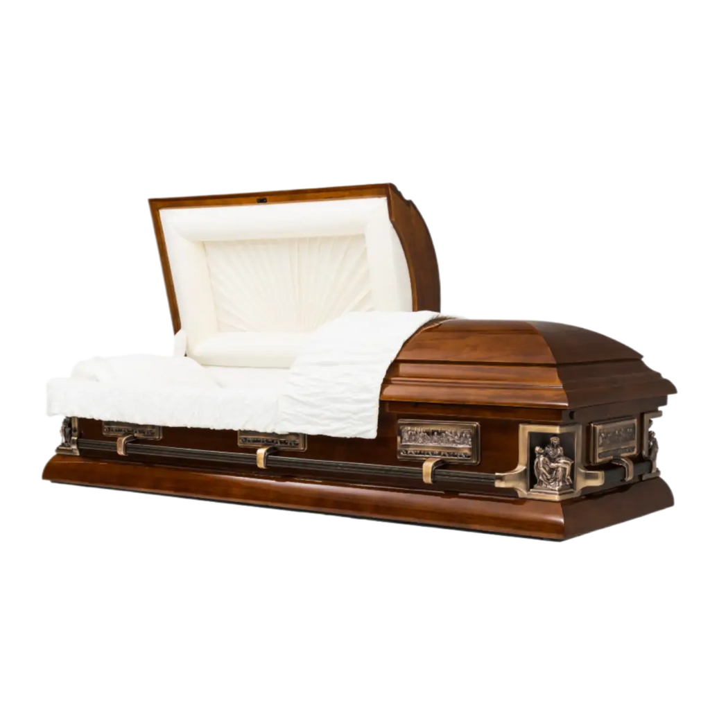 Pieta Oak casket — solid oak with rosetan crepe interior (view 2)