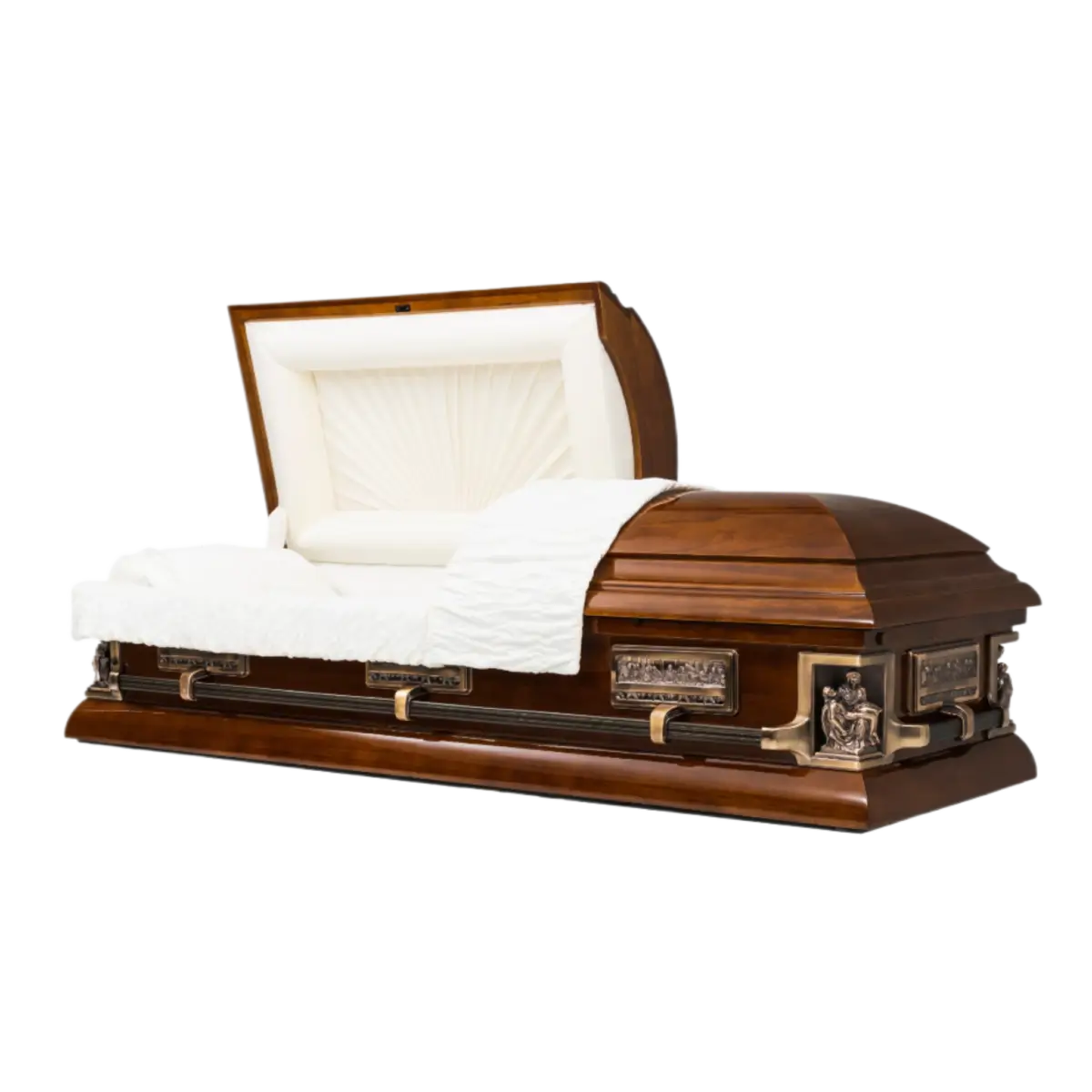 Pieta Oak casket — solid oak with rosetan crepe interior