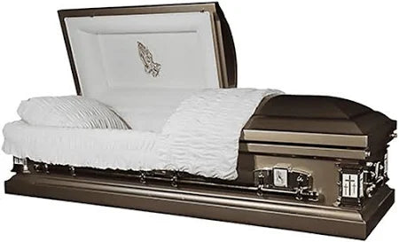 Themed Casket – Praying Hands — bronze 18-gauge steel with white velvet interior (view 3)