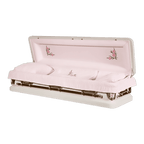 Discount Caskets Series Primrose Full Couch — pink 18-gauge steel with pink velvet interior