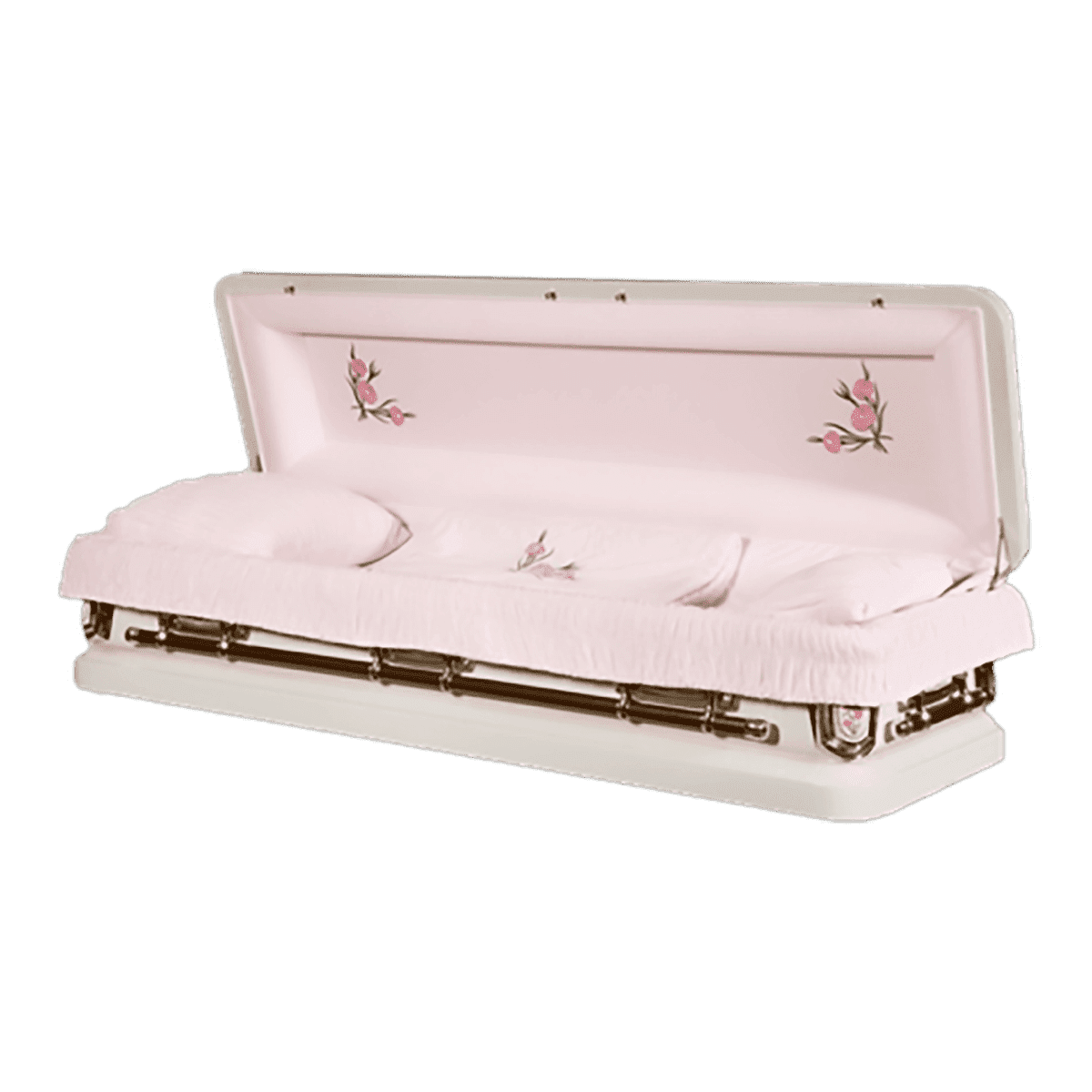 Discount Caskets Series Primrose Full Couch — pink 18-gauge steel with pink velvet interior