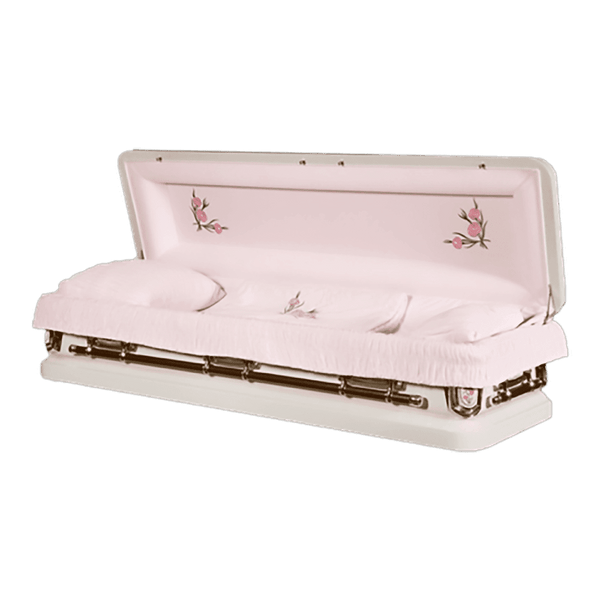 Discount Caskets Series Primrose Full Couch — pink 18-gauge steel with pink velvet interior