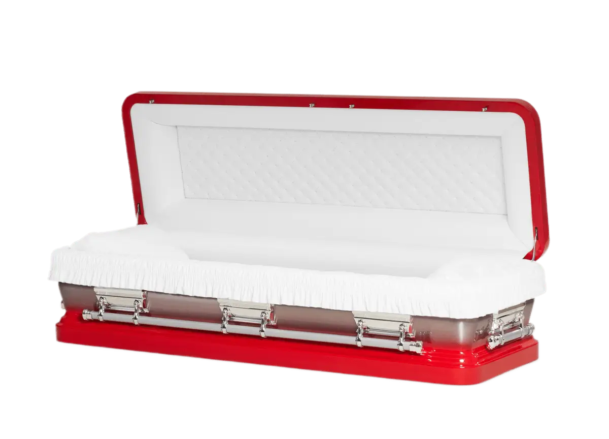 Discount Caskets Series Red Full Couch — red 18-gauge steel with white velvet interior