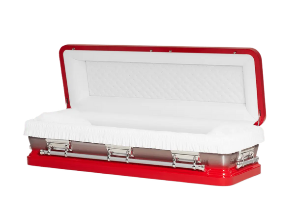 Discount Caskets Series Red Full Couch — red 18-gauge steel with white velvet interior