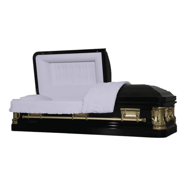 Delta Series Black casket — black 18-gauge steel with white velvet interior