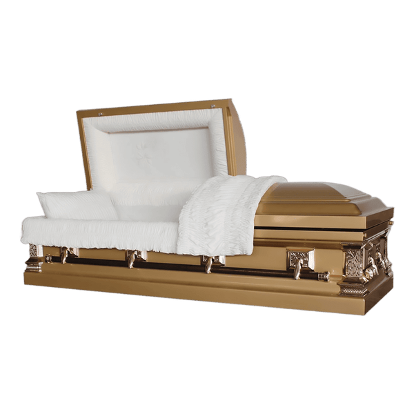 Delta Series Gold casket — gold 18-gauge steel with ivory velvet interior