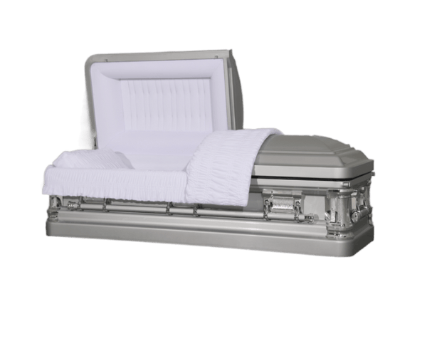 Delta Series Silver casket — silver 18-gauge steel with white velvet interior