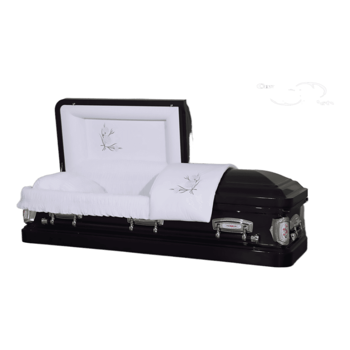 Roman Series Purple Rose casket — black 18-gauge steel with white velvet interior