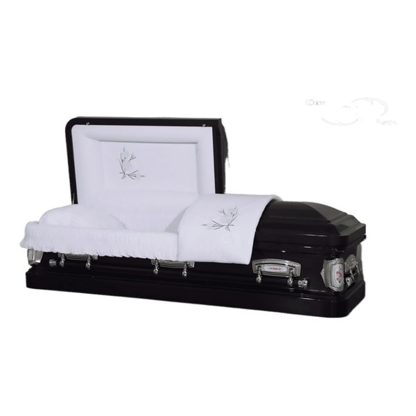 Roman Series Purple Rose casket — black 18-gauge steel with white velvet interior