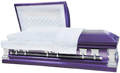Roman Series Purple/Silver Accents casket — purple 18-gauge steel with white velvet interior