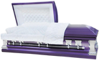 Roman Series Purple/Silver Accents casket — purple 18-gauge steel with white velvet interior