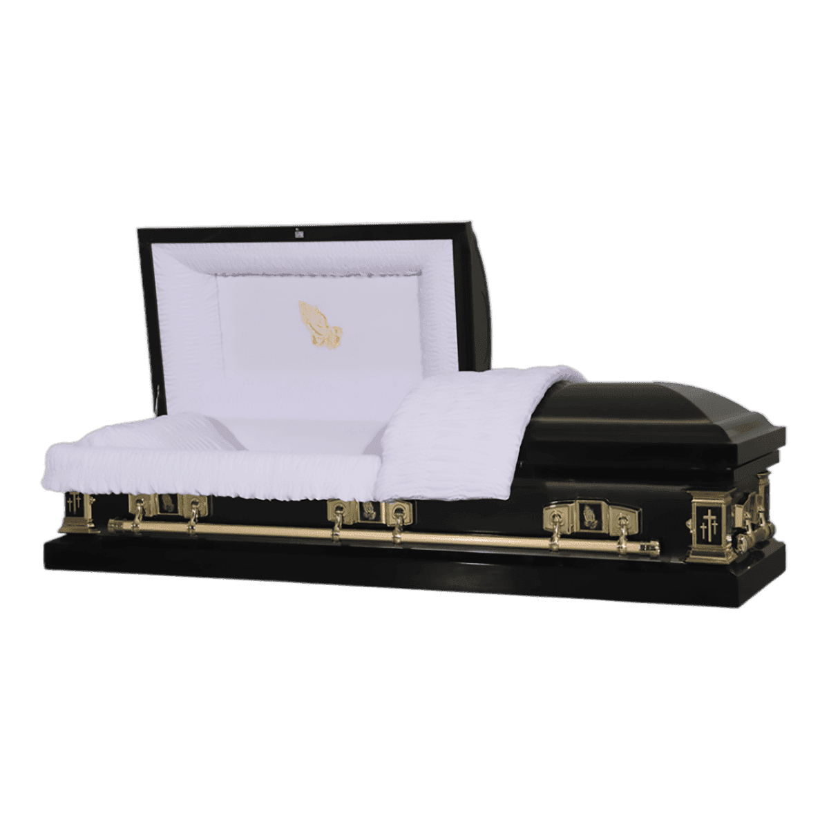 The Icon Series Black Pearl casket — black 20-gauge steel with white crepe interior