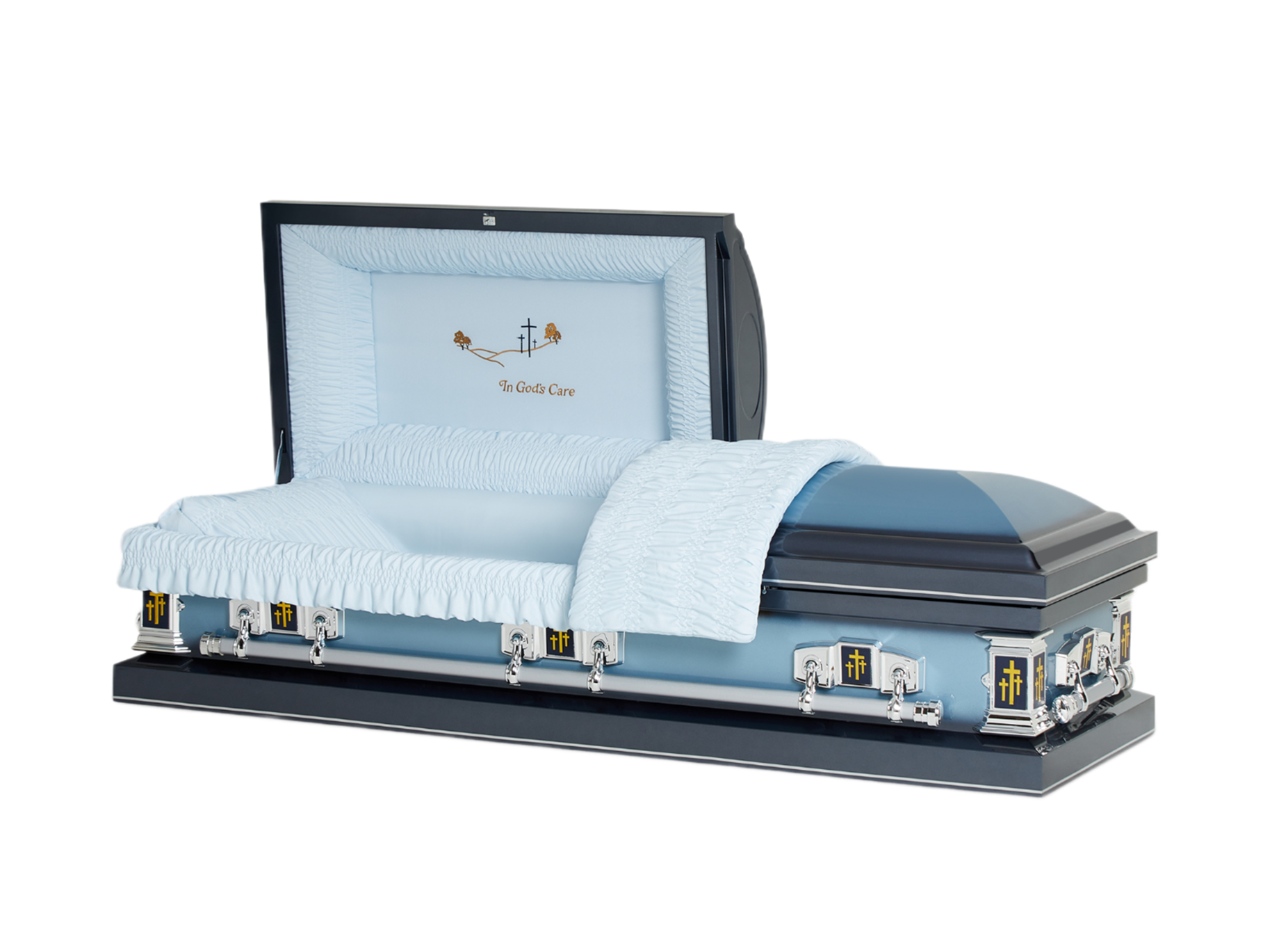 Satin Series Blue Cross casket — blue 20-gauge steel with blue crepe interior (view 2)