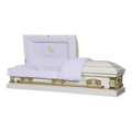 The Icon Series White Pearl casket — white 20-gauge steel with white crepe interior