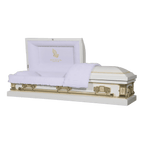 The Icon Series White Pearl casket — white 20-gauge steel with white crepe interior