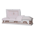 The Icon Series White Rose casket — white 20-gauge steel with pink crepe interior