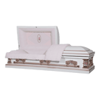 The Icon Series White Rose casket — white 20-gauge steel with pink crepe interior