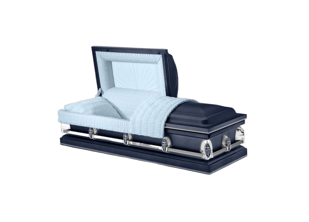 Batesville Saturn Blue Casket — blue 20-gauge steel with light blue crepe interior (view 3)