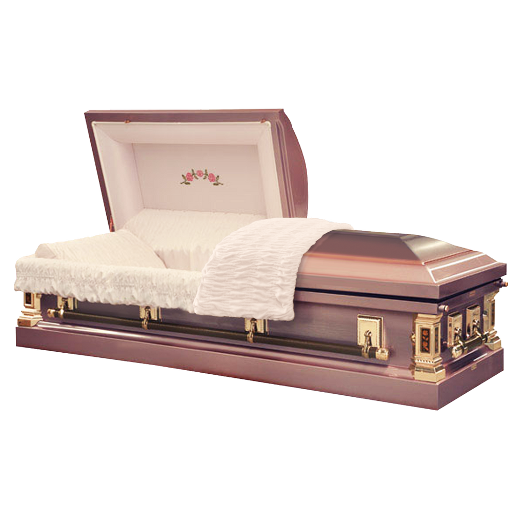 Saturn Caskets — pink 18-gauge steel with white velvet interior (view 2)
