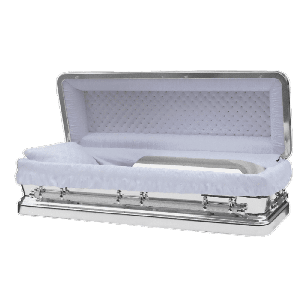 Silver Chrome Casket Full Couch — white velvet interior