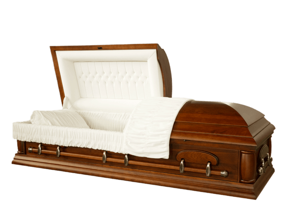 Solid Pecan Hickory casket — almond velvet interior