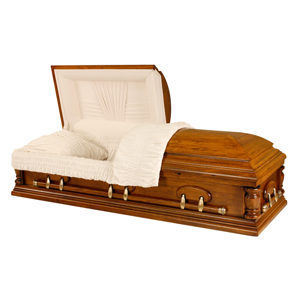 Solid Pecan Jackson casket — white velvet interior (view 2)