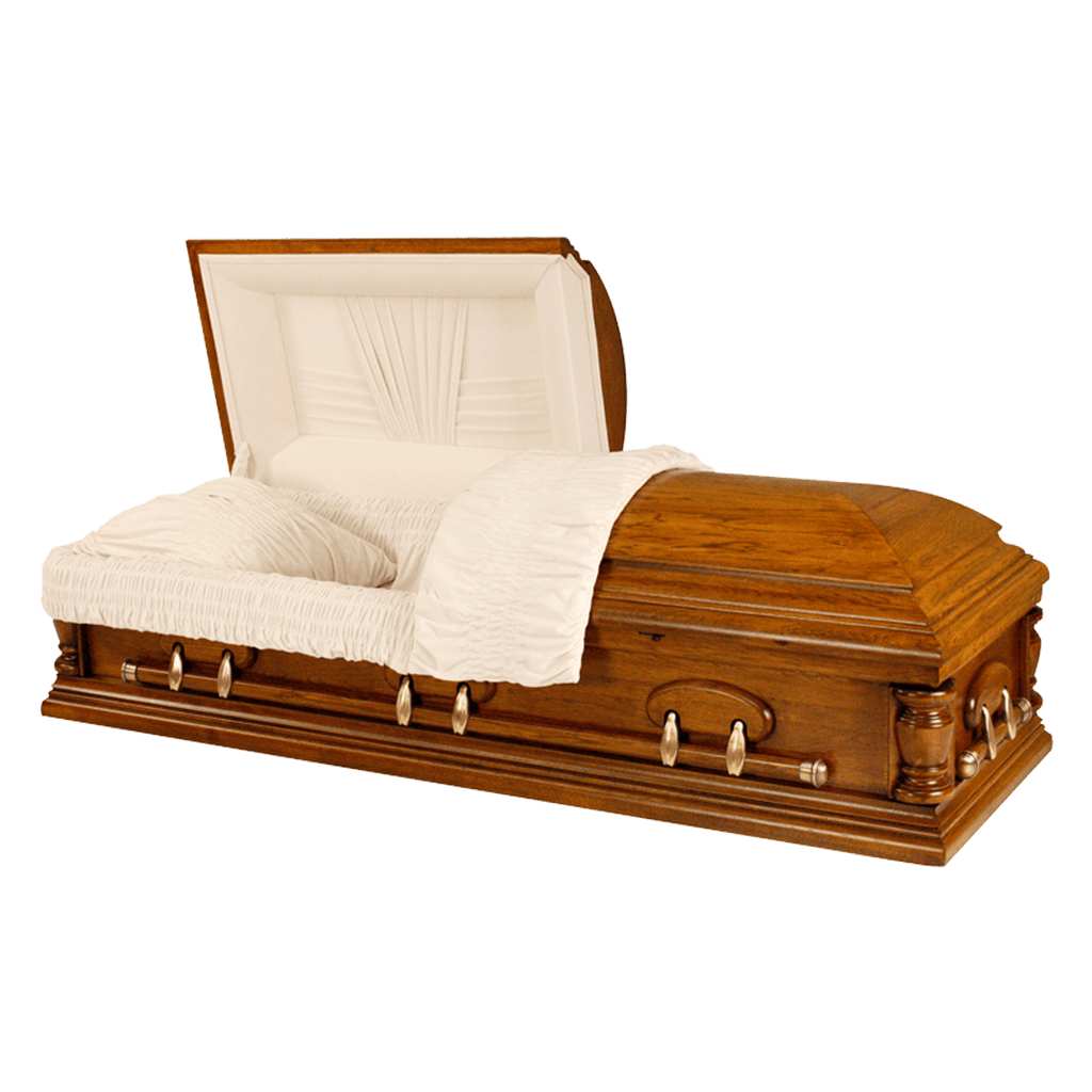 Solid Pecan Jackson casket — white velvet interior