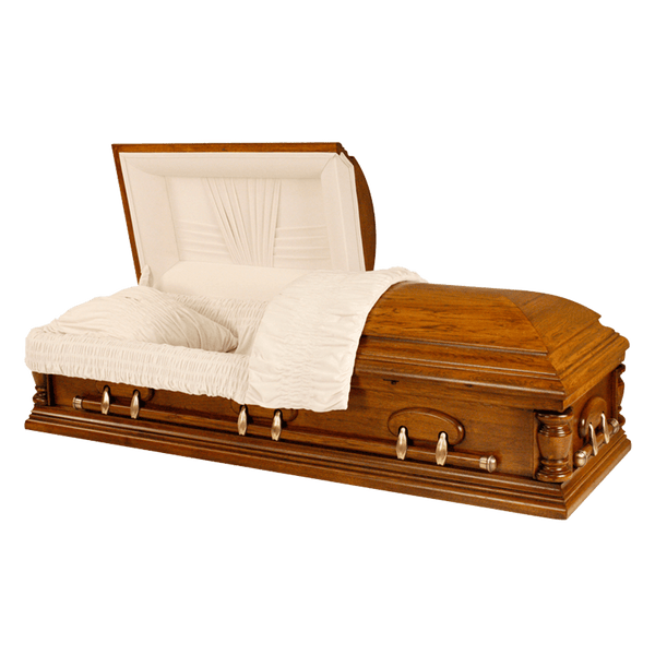 Solid Pecan Jackson casket — white velvet interior