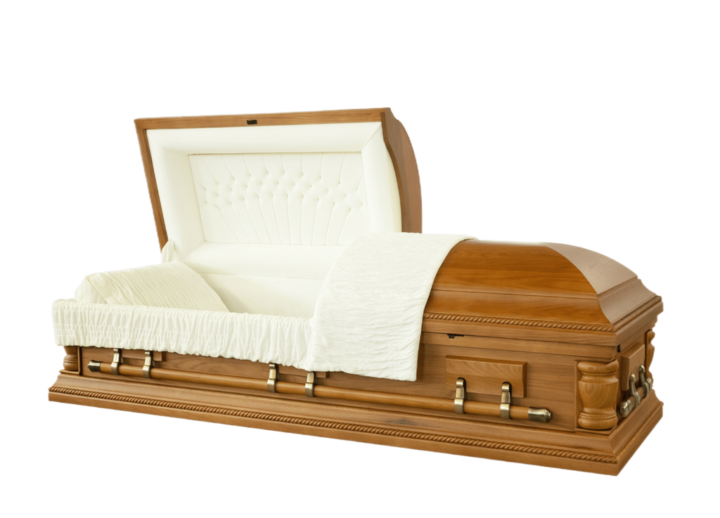 Montville Oak Casket — solid oak with almond velvet interior (view 2)