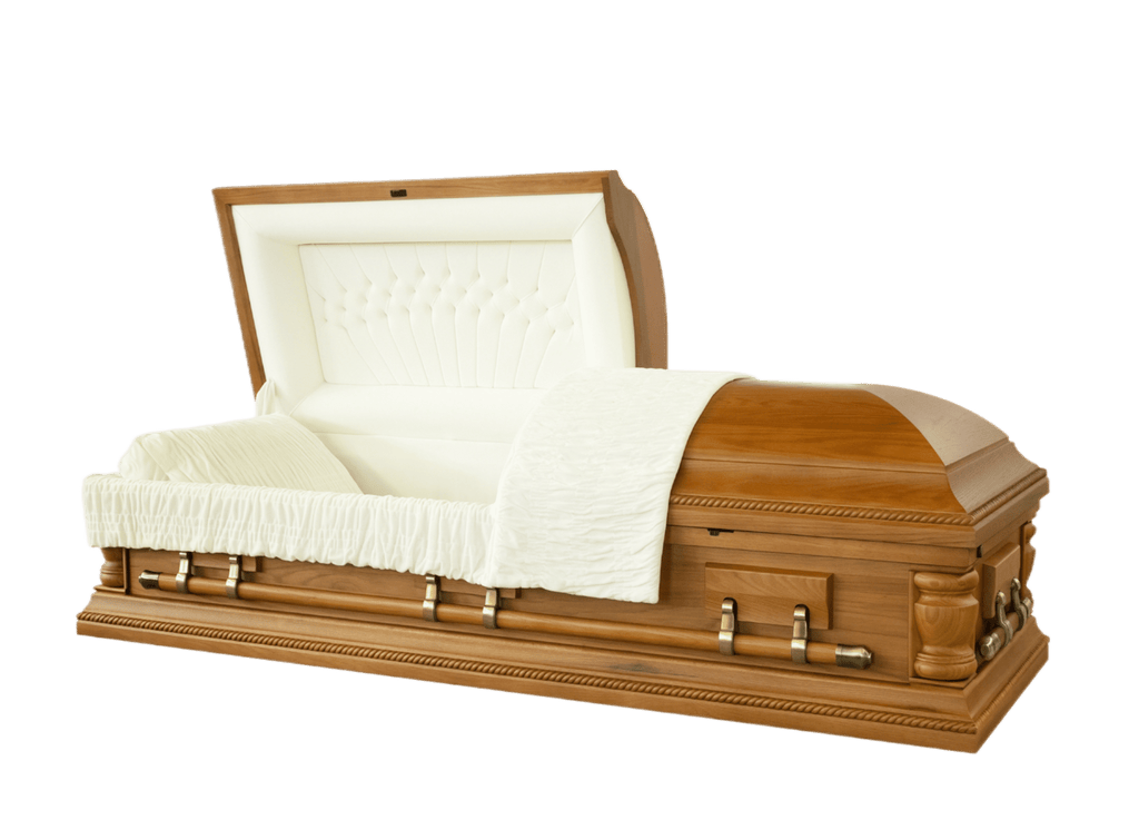 Montville Oak Casket — solid oak with almond velvet interior