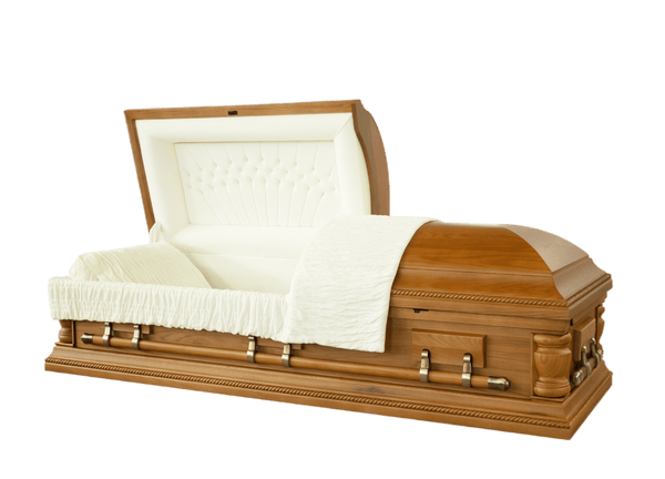 Montville Oak Casket — solid oak with almond velvet interior