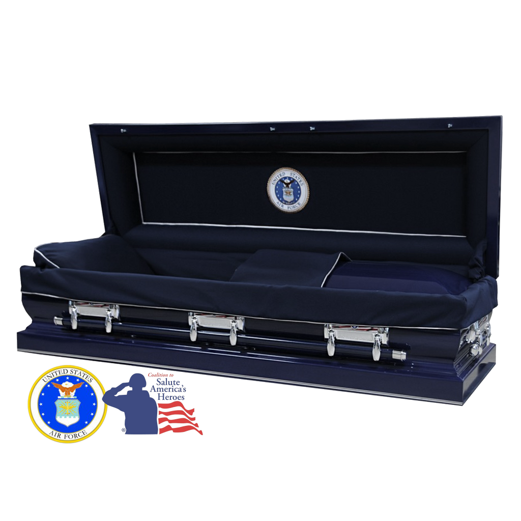 The Hero Airforce Full Couch casket — navy blue 18-gauge steel with dark blue velvet interior (view 2)